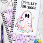spooky pastel pink ghosts & stars halloween notebook journal option to personalise