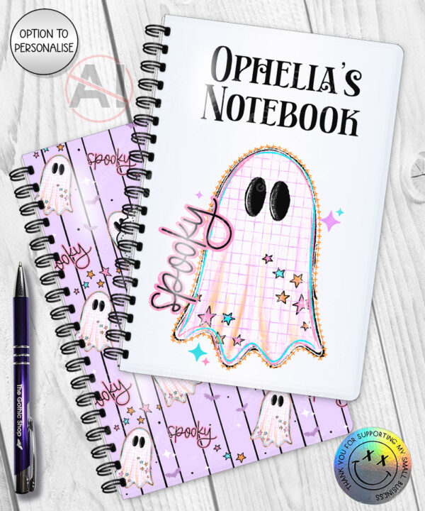 spooky pastel pink ghosts & stars halloween notebook journal option to personalise