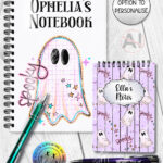 spooky pastel pink ghosts & stars halloween notebook journal option to personalise