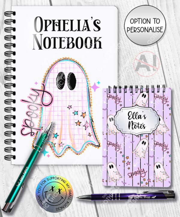 spooky pastel pink ghosts & stars halloween notebook journal option to personalise