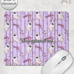 spooky pastel pink ghosts & stars halloween mouse mat option to personalise