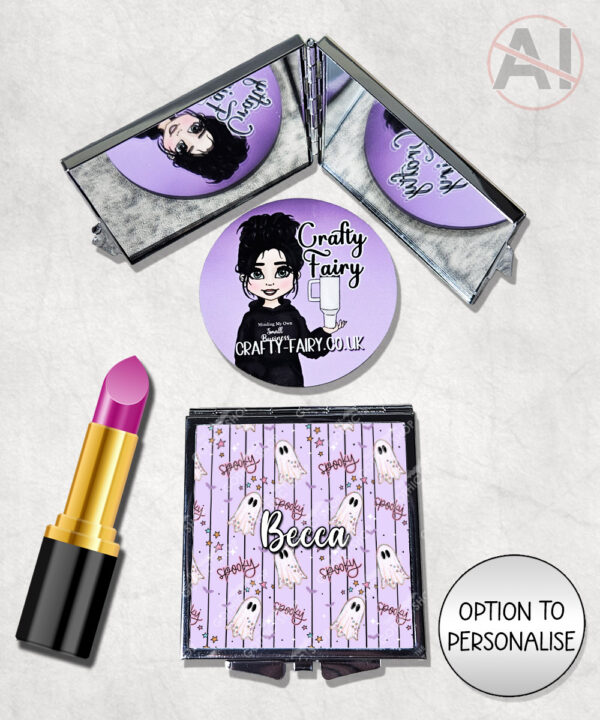 spooky pastel pink ghosts & stars halloween compact mirror option to personalise