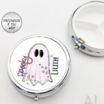 spooky pastel pink ghosts & stars halloween round pill box option to personalise