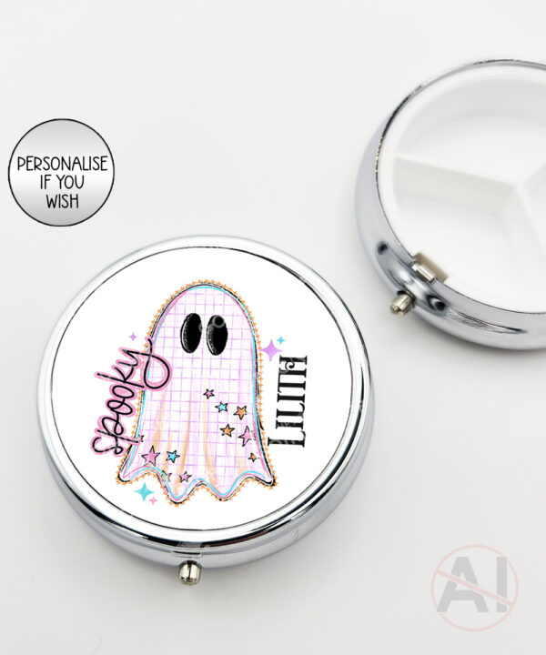 spooky pastel pink ghosts & stars halloween round pill box option to personalise