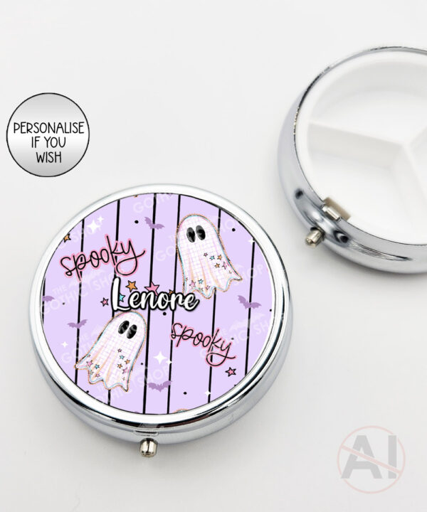 spooky pastel pink ghosts & stars halloween round pill box option to personalise