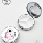 spooky pastel pink ghosts & stars halloween round pill box option to personalise