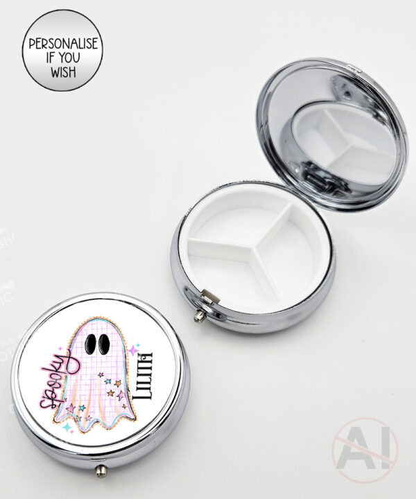 spooky pastel pink ghosts & stars halloween round pill box option to personalise