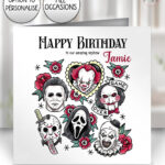 horror movie icons red flowers halloween birthday or halloween card option to personalise