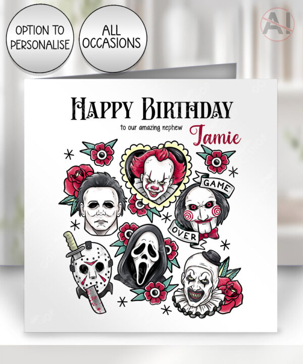 horror movie icons red flowers halloween birthday or halloween card option to personalise