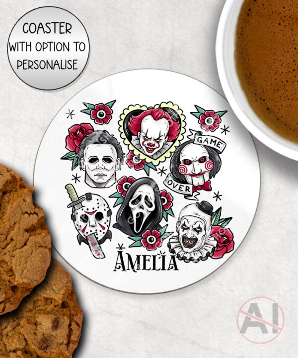 horror movie icons red flowers halloween mug and/or coaster optional to personalise