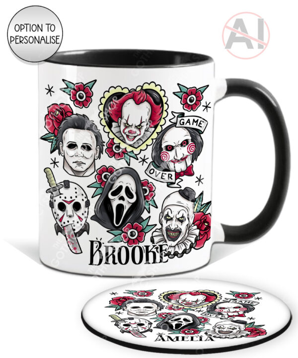 horror movie icons red flowers halloween mug and/or coaster optional to personalise