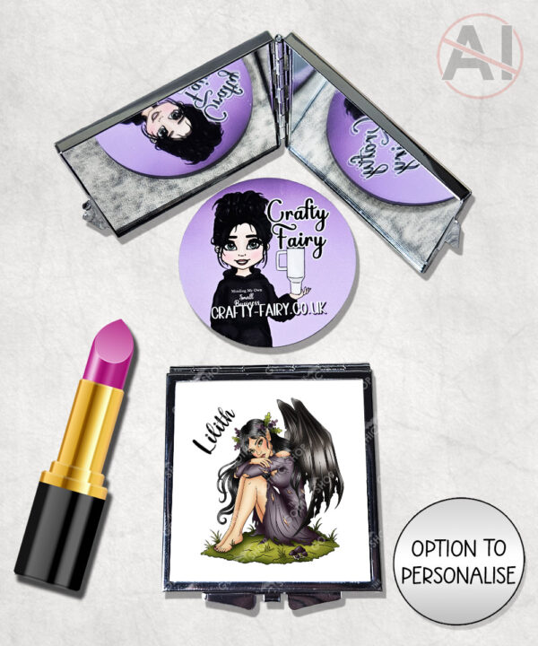 fae gothic bat wing fairy compact mirror option to personalise