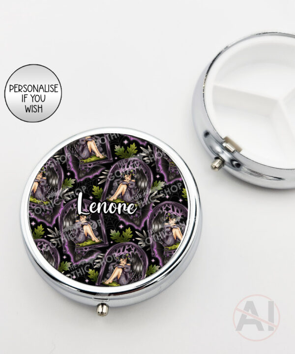 fae gothic bat wing fairy round pill box option to personalise