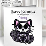 skelly cat & balls of wool gothic birthday or halloween card option to personalise