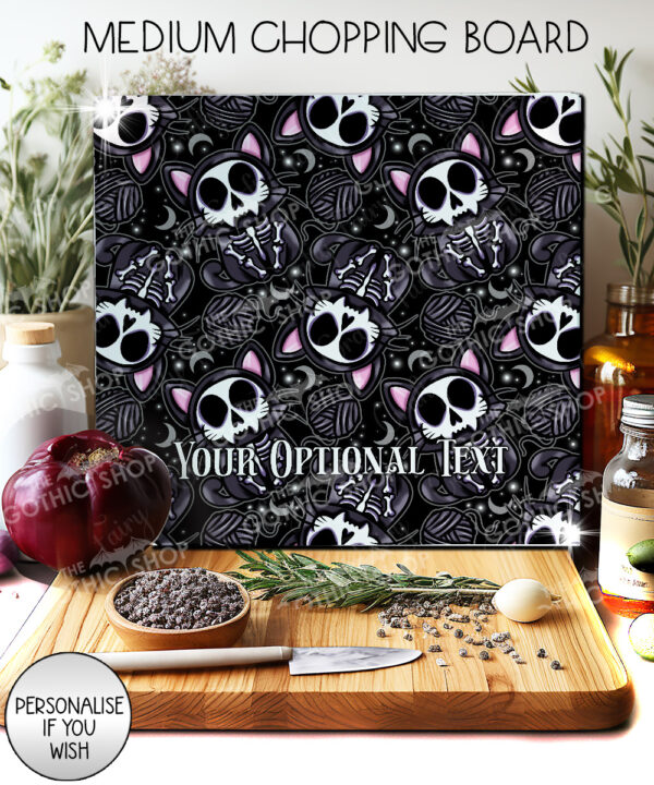 skelly cat & balls of wool gothic glass chopping board option to personalise
