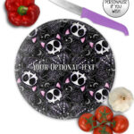 skelly cat & balls of wool gothic glass chopping board option to personalise