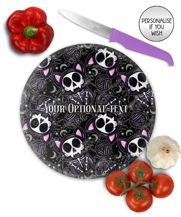 skelly cat & balls of wool gothic glass chopping board option to personalise