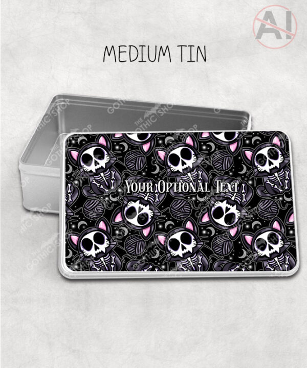 skelly cat & balls of wool gothic storage tin option to personalise