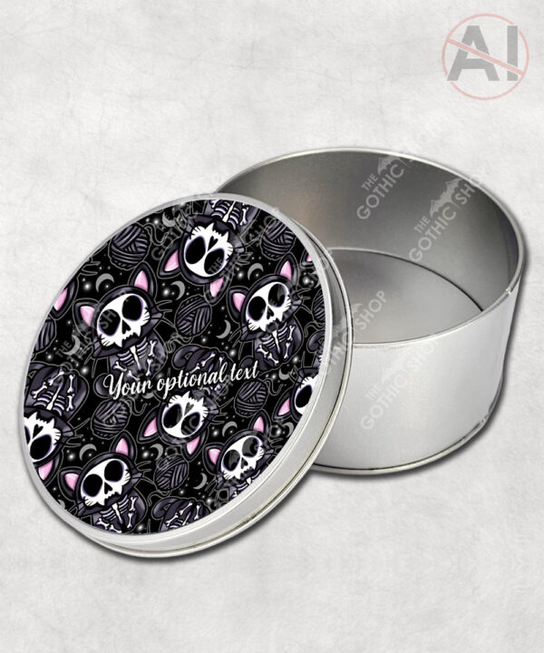 skelly cat & balls of wool gothic storage tin option to personalise