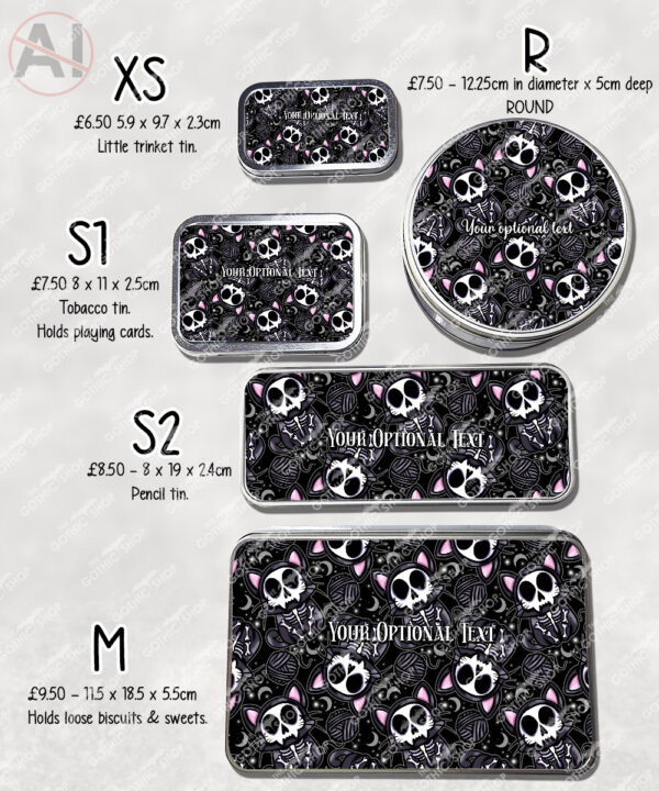 skelly cat & balls of wool gothic storage tin option to personalise