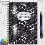 skelly cat & balls of wool gothic notebook journal option to personalise