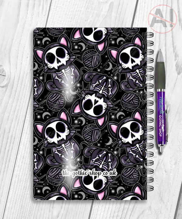 skelly cat & balls of wool gothic notebook journal option to personalise