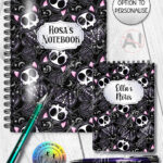 skelly cat & balls of wool gothic notebook journal option to personalise