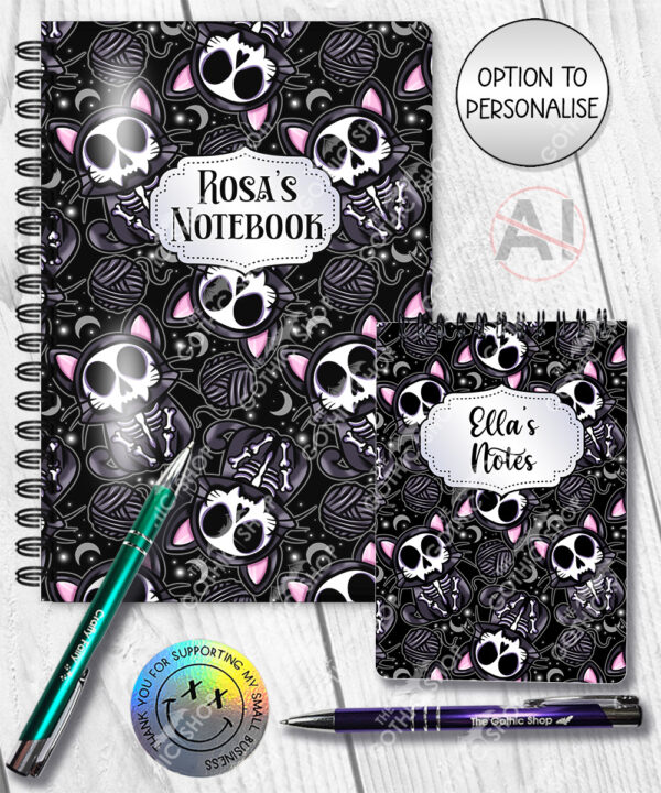 skelly cat & balls of wool gothic notebook journal option to personalise