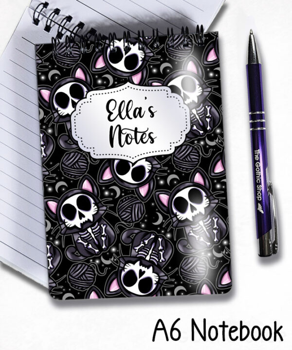 skelly cat & balls of wool gothic notebook journal option to personalise