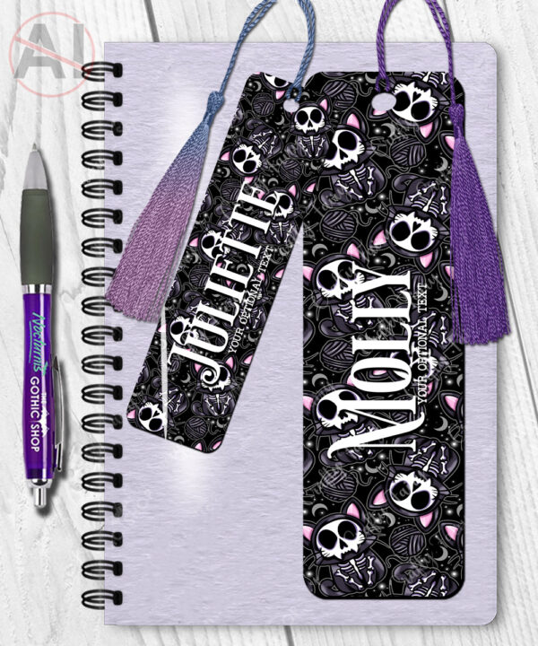 skelly cat & balls of wool gothic metal bookmark option to personalise