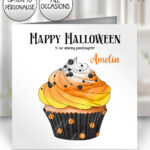halloween cute spooky orange cupcake birthday or halloween card option to personalise