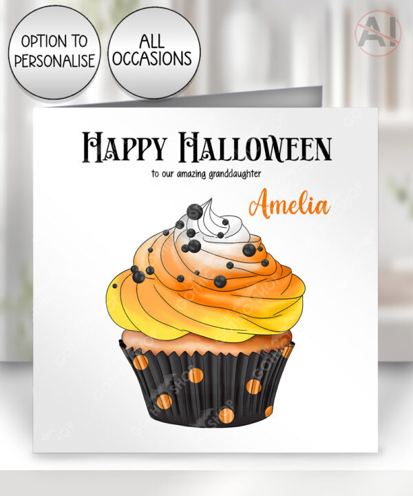 halloween cute spooky orange cupcake birthday or halloween card option to personalise
