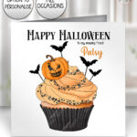 cute spooky pumpkin cupcake birthday or halloween card option to personalise