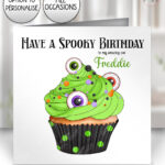 cute spooky eyeball cupcake birthday or halloween card option to personalise
