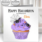 cute spooky spider cupcake birthday or halloween card option to personalise