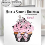 cute spooky pink skeleton cupcake birthday or halloween card option to personalise