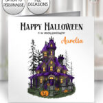 spooky purple haunted house birthday or halloween card option to personalise