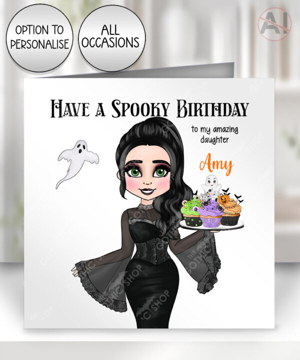personalised goth lady spooky cupcakes birthday or halloween card