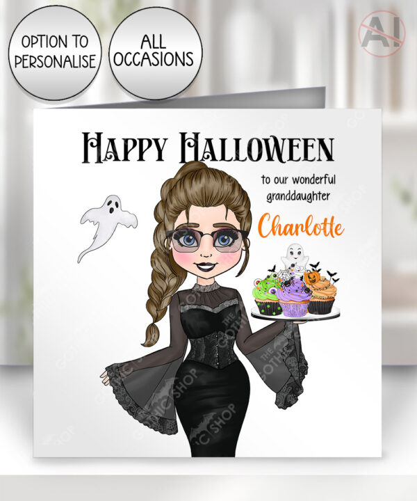 personalised goth lady spooky cupcakes birthday or halloween card