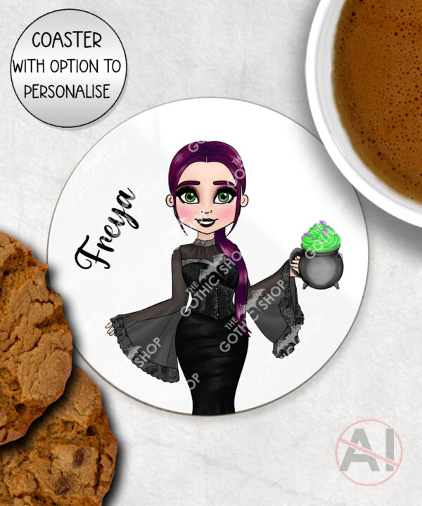 goth lady with spooky cauldron halloween mug and/or coaster optional to personalise
