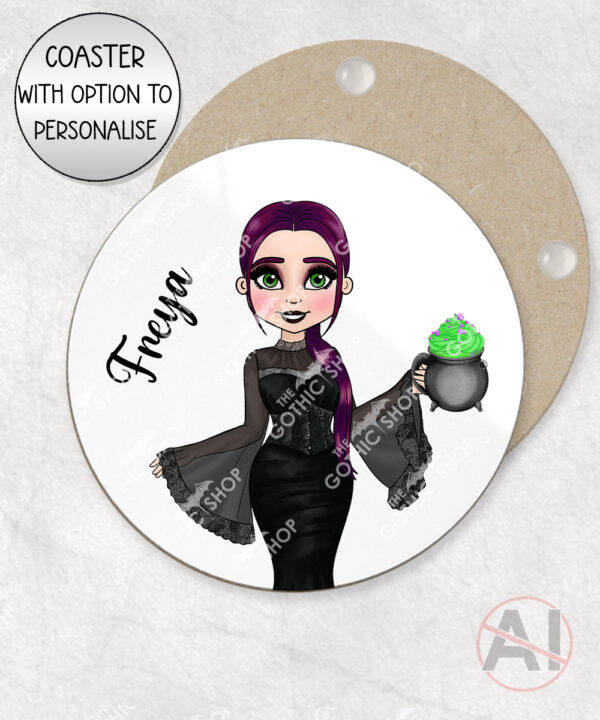 goth lady with spooky cauldron halloween mug and/or coaster optional to personalise