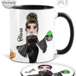 goth lady with spooky cauldron halloween mug and/or coaster optional to personalise