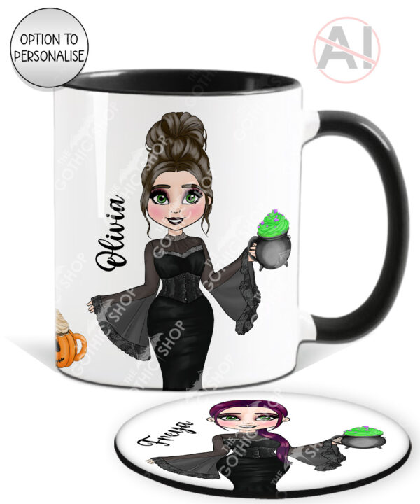 goth lady with spooky cauldron halloween mug and/or coaster optional to personalise