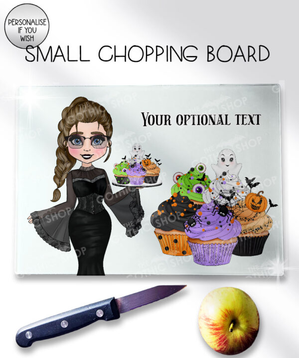 goth lady spooky halloween cupcakes chopping board option to personalise