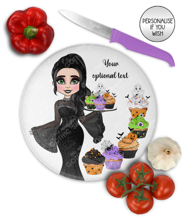goth lady spooky halloween cupcakes chopping board option to personalise