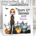 personalised elegant goth lady & pumpkins birthday or halloween card