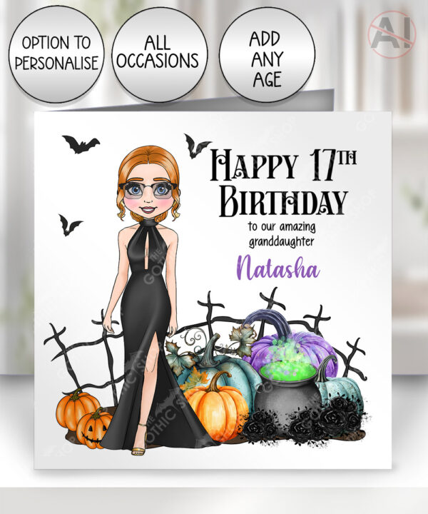 personalised elegant goth lady & pumpkins birthday or halloween card