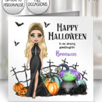 personalised elegant goth lady & pumpkins birthday or halloween card