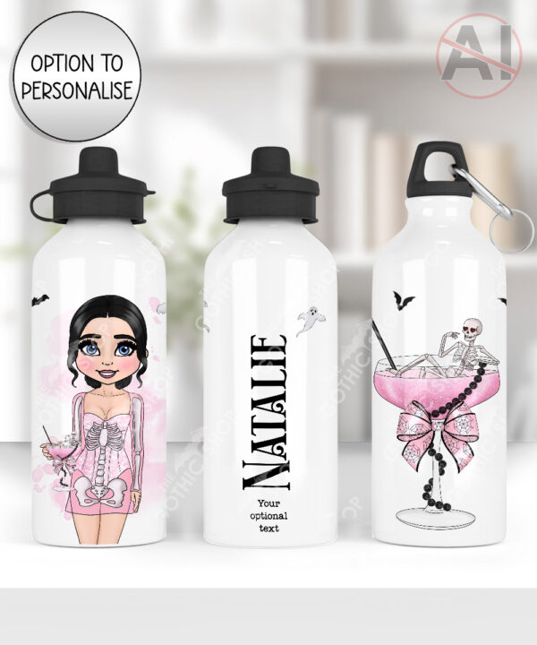 pink skeleton girl & cocktail gothic water bottle option to personalise