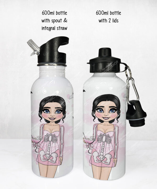 pink skeleton girl & cocktail gothic water bottle option to personalise